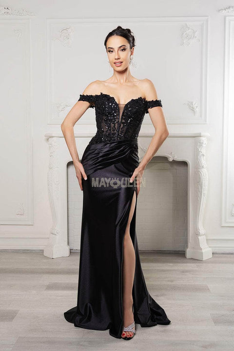 May Queen MQ2157B Beaded Lace Corset Evening Gown with Elegant Silhouette