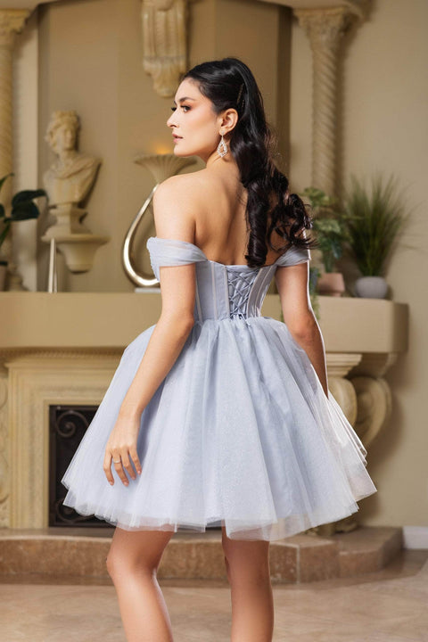 Short Off Shoulder Dress with Beaded Brooch by: May Queen MQ2159 -