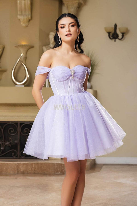 Short Off Shoulder Dress with Beaded Brooch by: May Queen MQ2159 -
