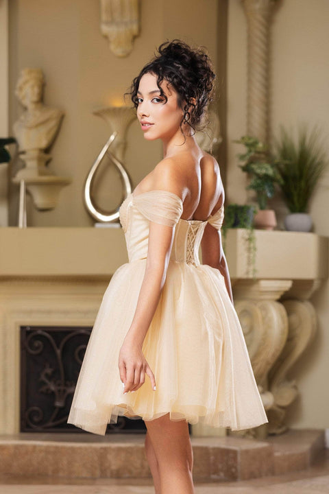 Short Off Shoulder Dress with Beaded Brooch by: May Queen MQ2159 -