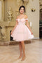 Short Off Shoulder Dress with Beaded Brooch by: May Queen MQ2159 -