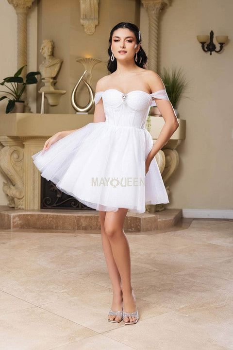 Short Off Shoulder Dress with Beaded Brooch by: May Queen MQ2159 -