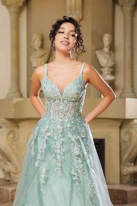 May Queen MQ2165 Lace Appliqué Tulle A-Line Gown with Elegant Silhouette