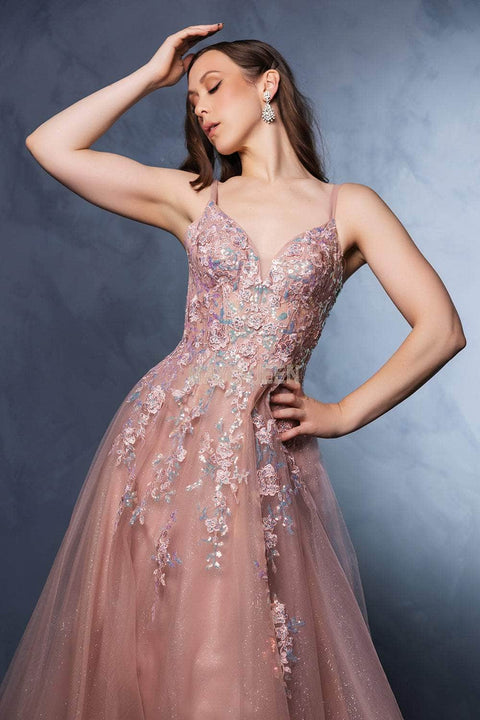 May Queen MQ2165 Lace Appliqué Tulle A-Line Gown with Elegant Silhouette