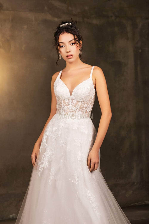May Queen MQ2165 Lace Appliqué Tulle A-Line Gown with Elegant Silhouette
