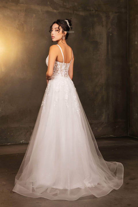 May Queen MQ2165 Lace Appliqué Tulle A-Line Gown with Elegant Silhouette