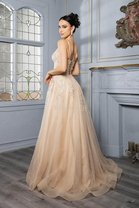 May Queen MQ2165 Lace Appliqué Tulle A-Line Gown with Elegant Silhouette