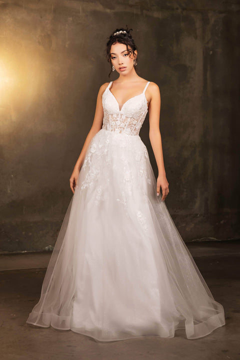 May Queen MQ2165 Lace Appliqué Tulle A-Line Gown with Elegant Silhouette