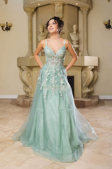May Queen MQ2165 Lace Appliqué Tulle A-Line Gown with Elegant Silhouette