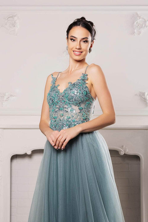 May Queen MQ2167 Sequin Lace Appliqué A-Line Gown with Elegant Silhouette