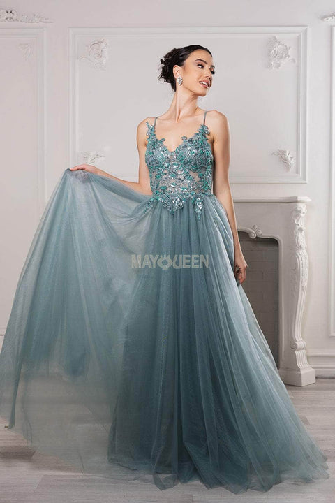 May Queen MQ2167 Sequin Lace Appliqué A-Line Gown with Elegant Silhouette