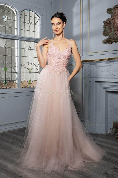 May Queen MQ2167 Sequin Lace Appliqué A-Line Gown with Elegant Silhouette