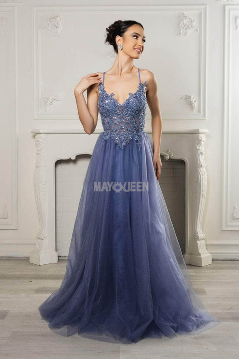May Queen MQ2167 Sequin Lace Appliqué A-Line Gown with Elegant Silhouette