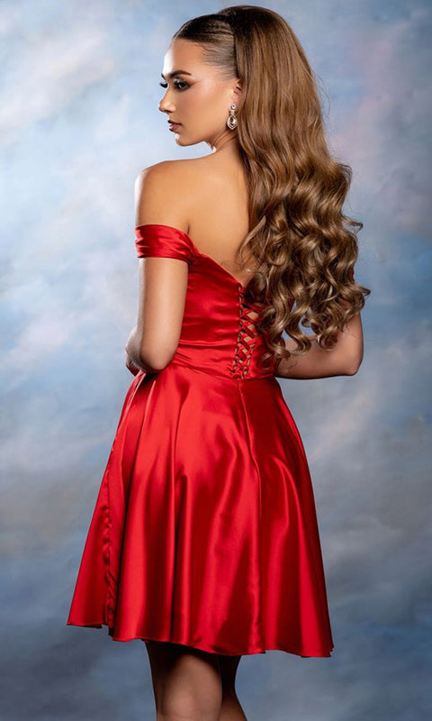 May Queen MQ2245 Off Shoulder Pleated Short Homecoming Dress – 12
