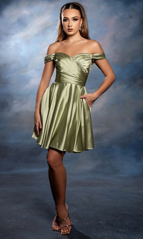 May Queen MQ2245 Off Shoulder Pleated Short Homecoming Dress – 16