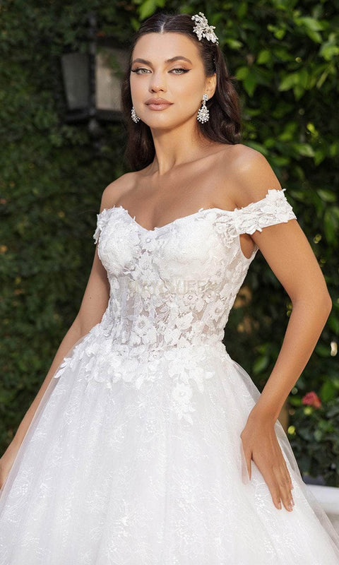 May Queen RQ8166 Off‑Shoulder Lace Appliqué Bridal Gown with Elegant Silhouette
