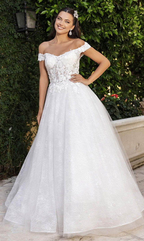 May Queen RQ8166 Off‑Shoulder Lace Appliqué Bridal Gown with Elegant Silhouette