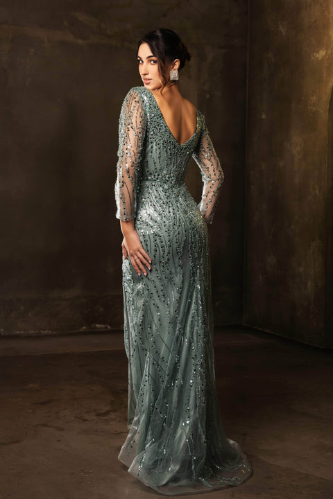 May Queen RQ8174 Long Sheath Dress with Illusion Sleeves and Elegant Silhouette