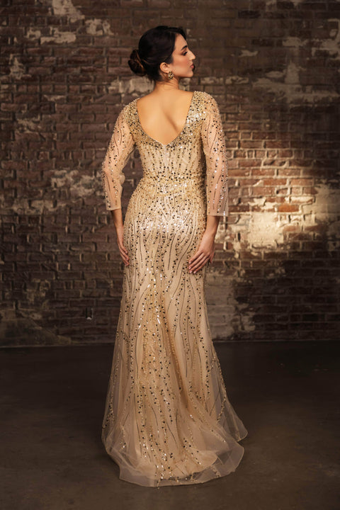 May Queen RQ8174 Long Sheath Dress with Illusion Sleeves and Elegant Silhouette