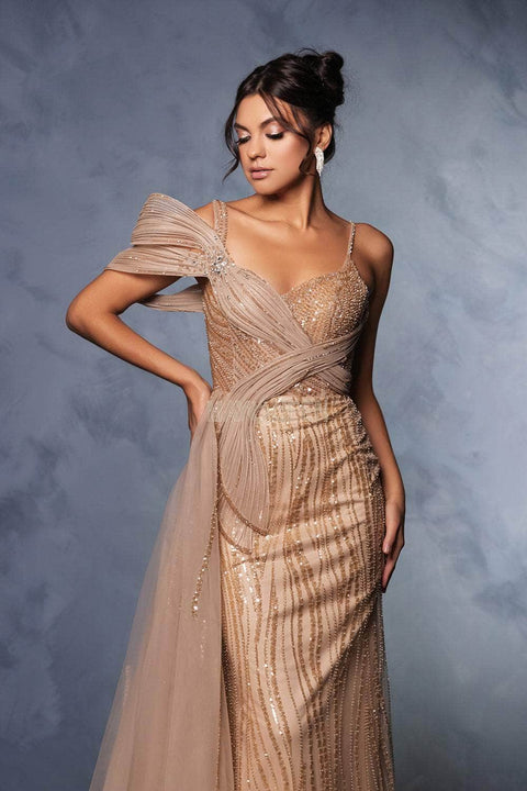 May Queen RQ8175 Glitter Stripe Gown with Tulle Drape and Elegant Silhouette