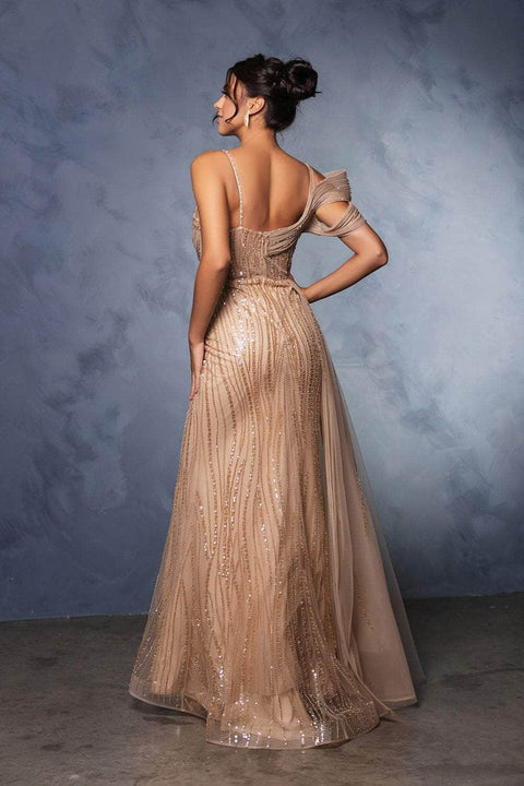 May Queen RQ8175 Glitter Stripe Gown with Tulle Drape and Elegant Silhouette