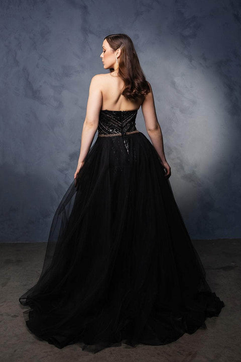 May Queen RQ8179 Strapless Sheath Beaded Gown with Overskirt and Elegant Silhouette