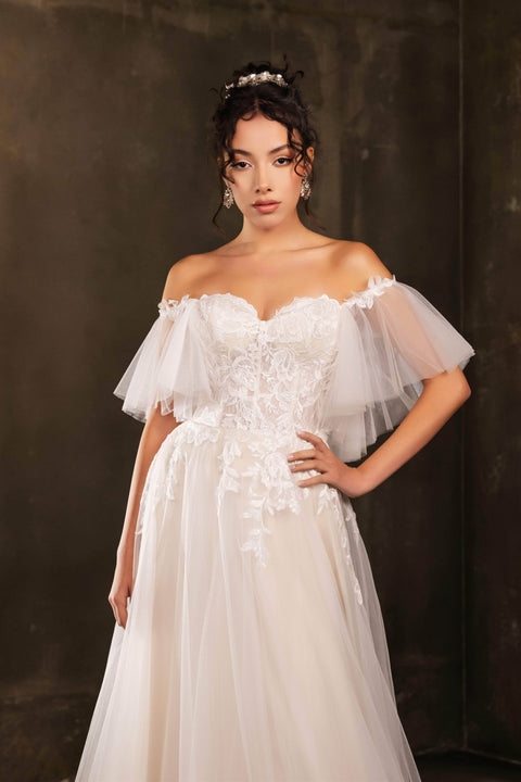 May Queen RQ8180 Off-Shoulder A-Line Appliqué Dress with Elegant Silhouette