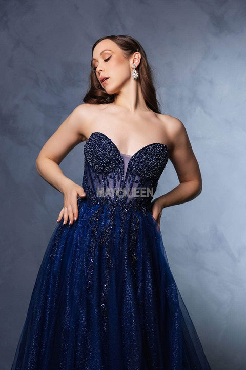 May Queen RQ8184 Beaded Illusion Tulle A-Line Gown with Elegant Silhouette