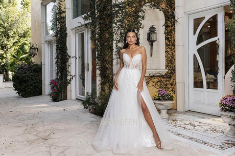 May Queen RQ8184 Beaded Illusion Tulle A-Line Gown with Elegant Silhouette