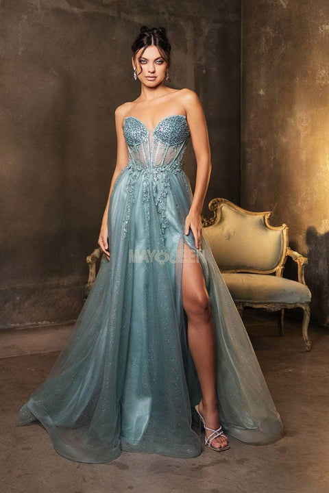 May Queen RQ8184 Beaded Illusion Tulle A-Line Gown with Elegant Silhouette