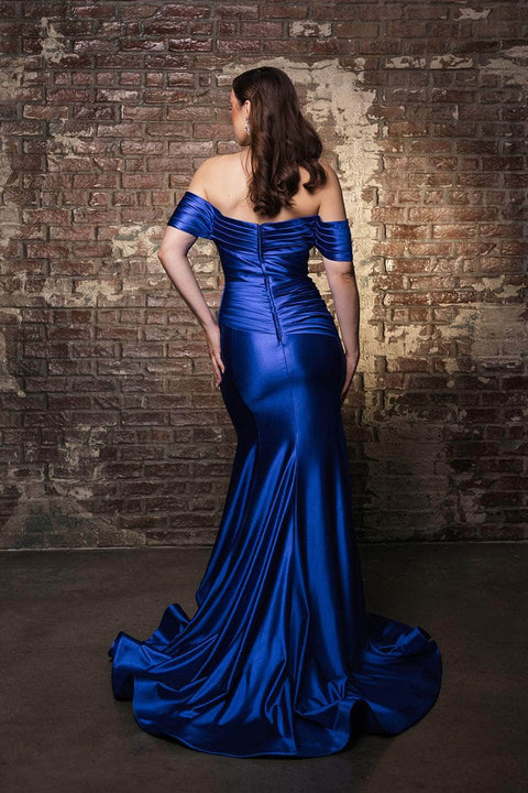 May Queen RQ8189 Off-Shoulder Satin Mermaid Gown with Elegant Silhouette