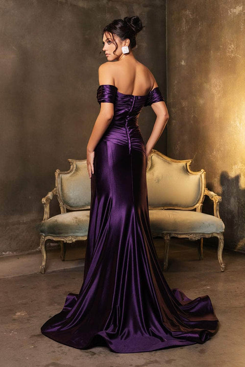 May Queen RQ8189 Off-Shoulder Satin Mermaid Gown with Elegant Silhouette