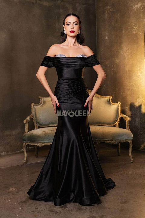 May Queen RQ8189 Off-Shoulder Satin Mermaid Gown with Elegant Silhouette