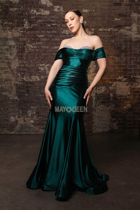 May Queen RQ8189 Off-Shoulder Satin Mermaid Gown with Elegant Silhouette