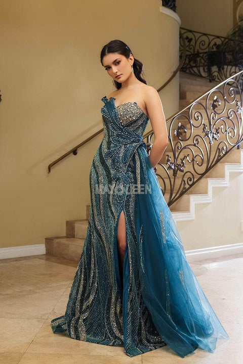 May Queen RQ8194 Strapless Sheath Gown with High Slit and Elegant Silhouette
