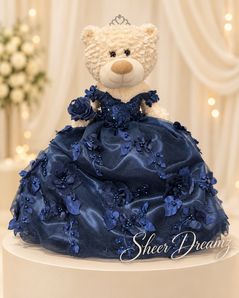 Navy blue quinceañera teddy bear wearing a handmade ball gown by Sheer Dreamz