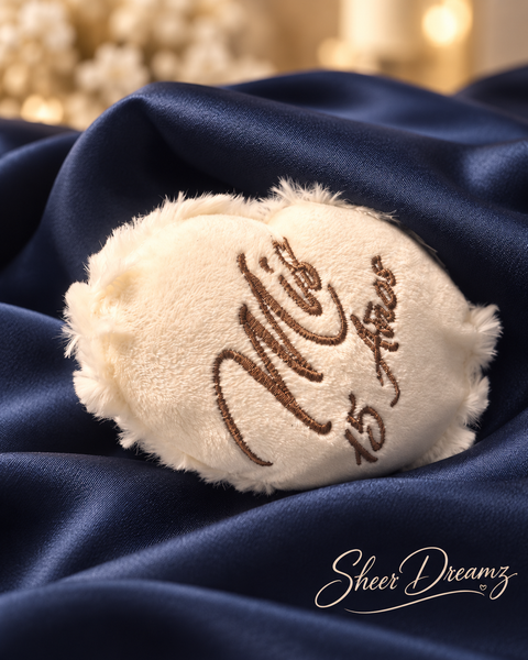 Mis XV Años personalized embroidery detail on quinceañera teddy bear