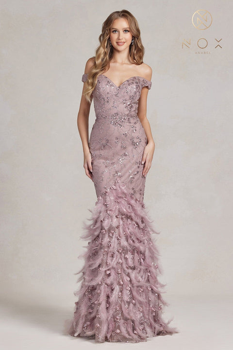 Nox Anabel Off Shoulder Feather Mermaid Gown C1106