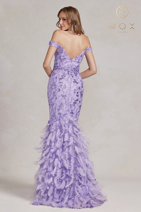 Nox Anabel Off Shoulder Feather Mermaid Gown C1106