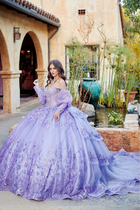 Bella Princess PQ1041 off shoulder puff sleeve ball gown by petite adele pq1041 — image 1.0