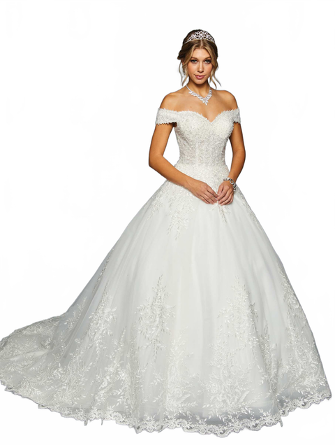 DeKlaire 458 Off-the-Shoulder Lace Tulle A-Line Wedding Dress with Chapel Train