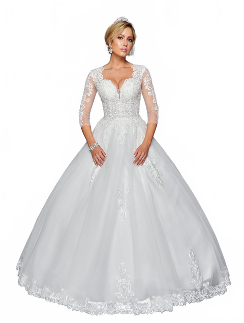 DeKlaire 436 A-Line Wedding Dress with V-Neckline, Beaded Lace & Mid-Length Sleeves
