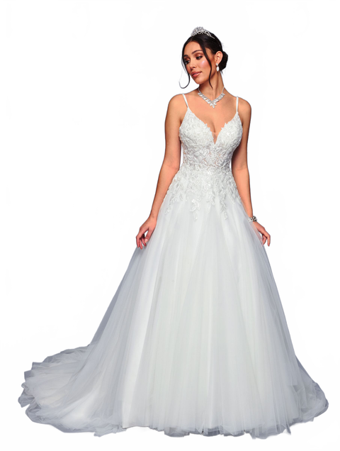 DeKlaire 477 A-Line Wedding Dress with Thin Straps & Chapel Train