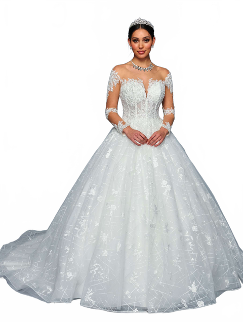 DeKlaire 481 Illusion Boat Neck Wedding Ball Gown with Sheer Long Sleeves