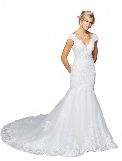 DeKlaire 423 Mermaid Wedding Dress with Scalloped V-Neckline, Illusion Panel & Chapel Train