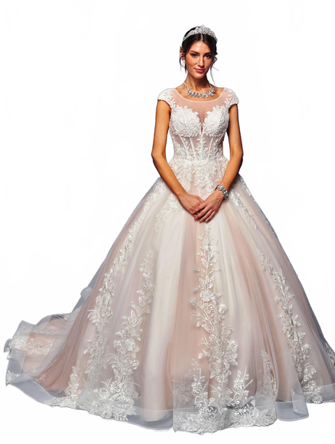 DeKlaire 484 Floor-Length A-Line Ball Gown Wedding Dress with Cap Sleeves