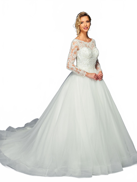 DeKlaire 471 A-Line Ballgown Wedding Dress with Boat Neck & Long Sleeves