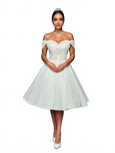 DeKlaire 467 Knee Length Off-the-Shoulder A-Line Wedding Dress
