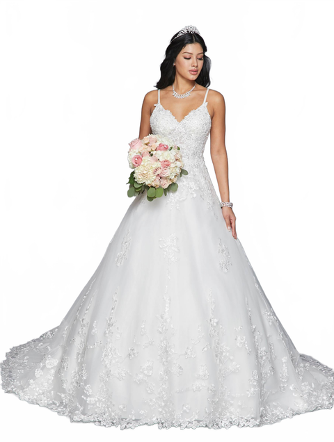 DeKlaire 417 A-Line Wedding Dress with Spaghetti Straps, V-Neck & Open Back