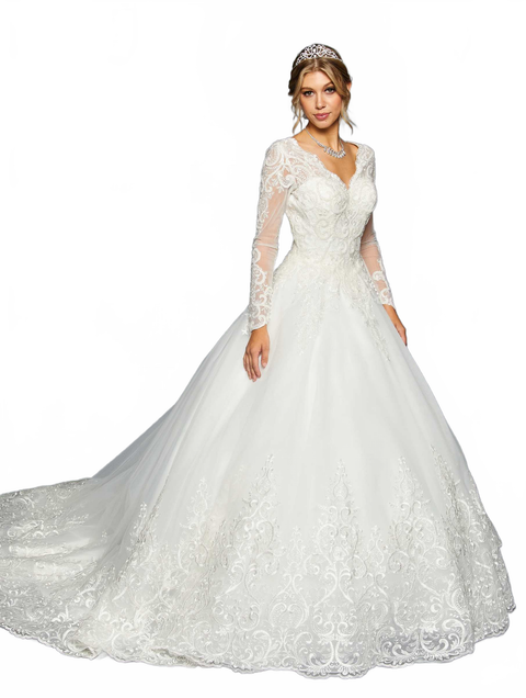 DeKlaire 457 Long Sleeve Wedding Gown with Scalloped V-Neckline